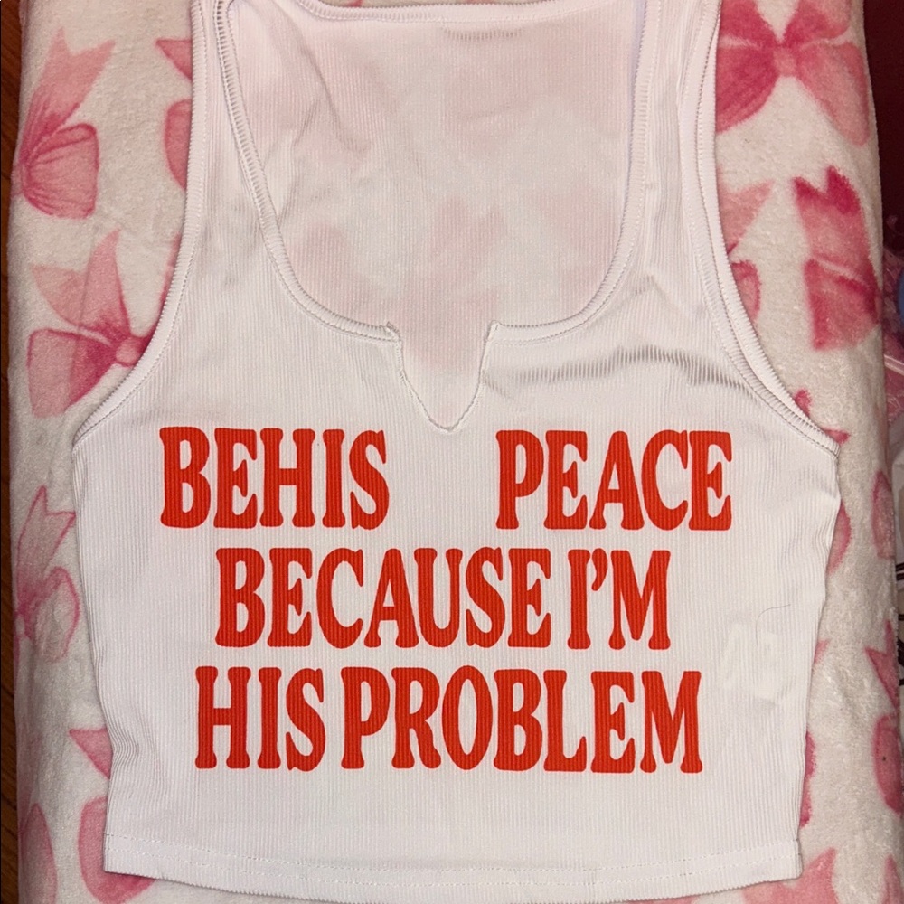 SHEIN White Crop Top with Bold Red Text